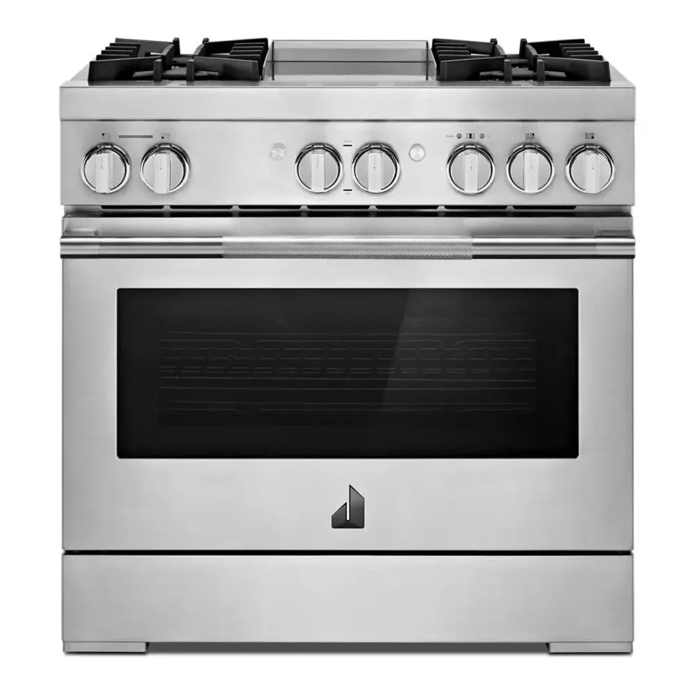 JennAir RISE 36 inch Dual Fuel Professional Range with 5.1 cu. ft. Oven Capacity, 4 Burners and Griddle, Remote Access, Cinematic Oven Lights, in Stainless Steel, JDRP536HL