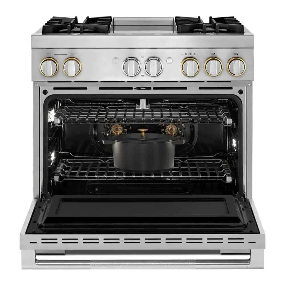 JennAir RISE 36 inch Dual Fuel Professional Range with 5.1 cu. ft. Oven Capacity, 4 Burners and Griddle, Remote Access, Cinematic Oven Lights, in Stainless Steel, JDRP536HL