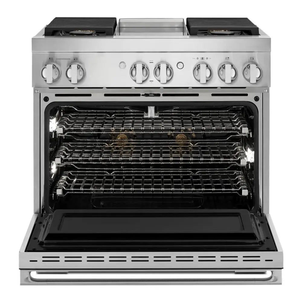 JennAir NOIR 36 inch Dual Fuel Professional Range with 5.1 cu. ft. Oven Capacity, 4 Burners and Griddle, Remote Access, Cinematic Oven Lights, in Stainless Steel, JDRP536HM