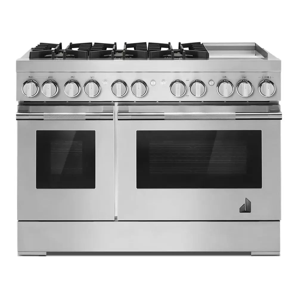 JennAir RISE 48 inch Professional Dual Fuel Range with 6.3 cu. ft. Total Oven Capacity, 6 Burners, Griddle, Dual-Stacked PowerBurners, in Stainless Steel, JDRP548HL