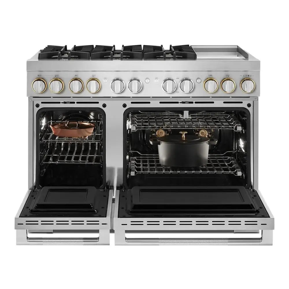 JennAir RISE 48 inch Professional Dual Fuel Range with 6.3 cu. ft. Total Oven Capacity, 6 Burners, Griddle, Dual-Stacked PowerBurners, in Stainless Steel, JDRP548HL