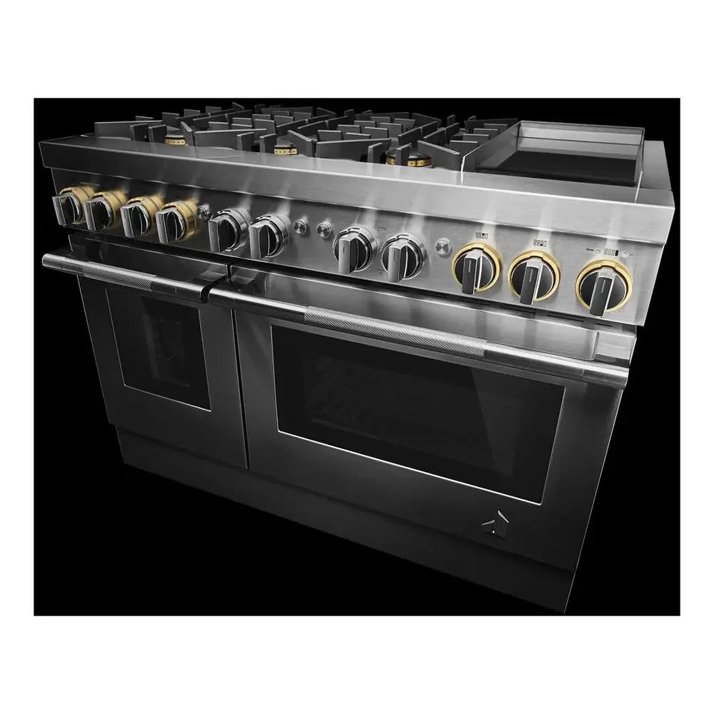 JennAir RISE 48 inch Professional Dual Fuel Range with 6.3 cu. ft. Total Oven Capacity, 6 Burners, Griddle, Dual-Stacked PowerBurners, in Stainless Steel, JDRP548HL