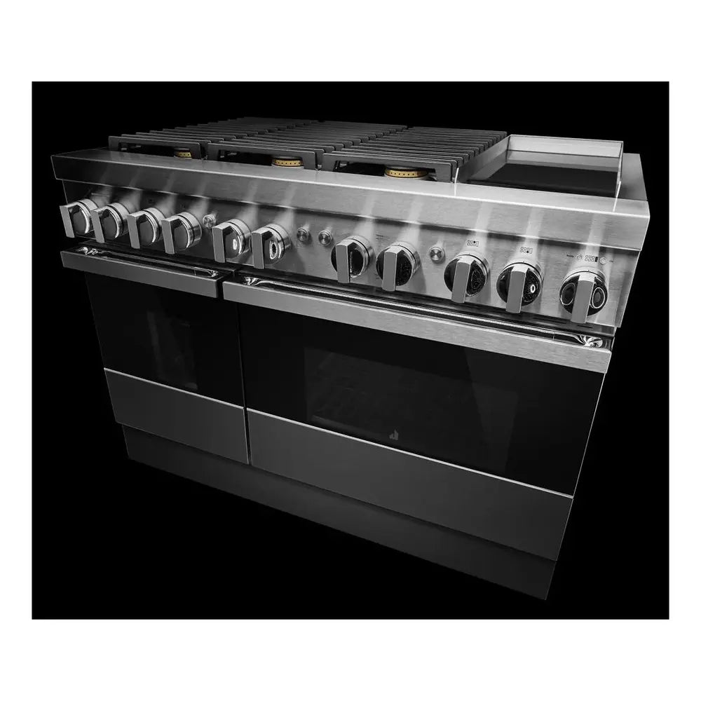 JennAir NOIR 48 inch Professional Dual Fuel Range with 6.3 cu. ft. Total Oven Capacity, 6 Burners, Griddle, Dual-Stacked PowerBurners, in Stainless Steel, JDRP548HM
