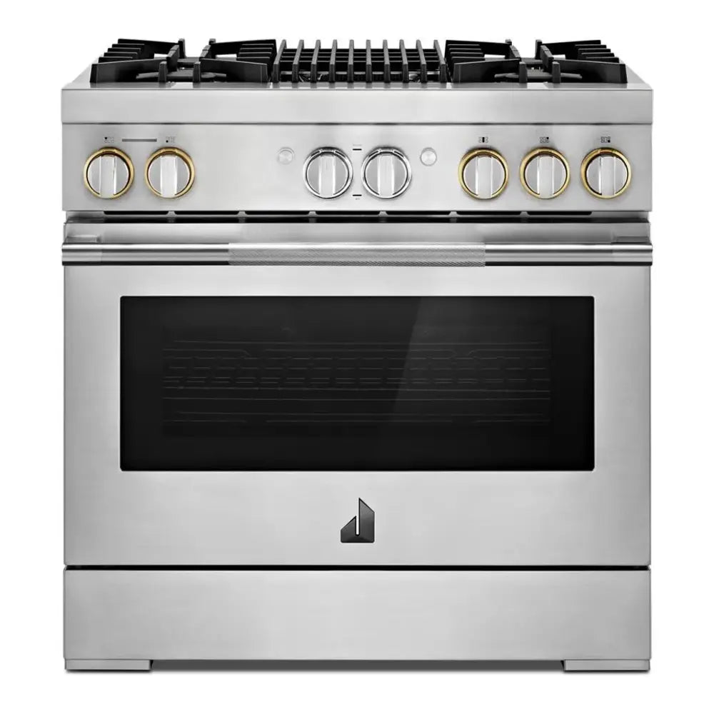JennAir RISE 36 inch Dual Fuel Professional Range with 5.1 cu. ft. Oven Capacity, 4 Burners, Grill, Remote Access, Glide Racks, Cast Iron Grates, Cinematic Oven Lighting, and Sabbath Mode in Stainless Steel, JDRP636HL
