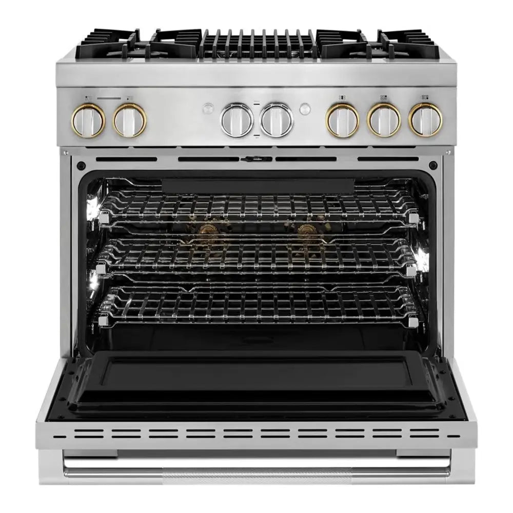 JennAir RISE 36 inch Dual Fuel Professional Range with 5.1 cu. ft. Oven Capacity, 4 Burners, Grill, Remote Access, Glide Racks, Cast Iron Grates, Cinematic Oven Lighting, and Sabbath Mode in Stainless Steel, JDRP636HL