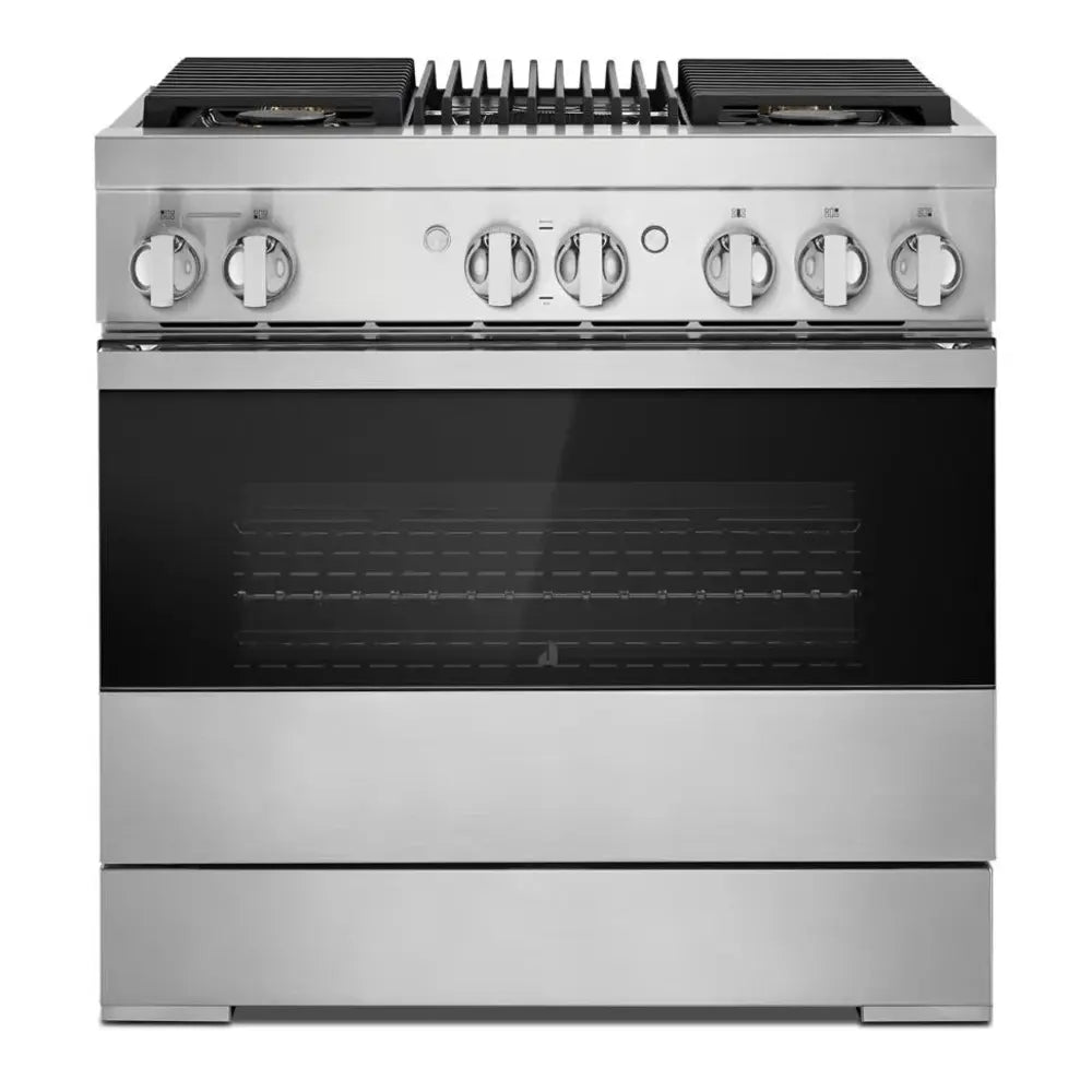 JennAir NOIR 36 inch Dual Fuel Professional Range with 5.1 cu. ft. Oven Capacity, 4 Burners, Grill, Remote Access, Glide Racks, Cast Iron Grates, Cinematic Oven Lighting, and Sabbath Mode in Stainless Steel, JDRP636HM