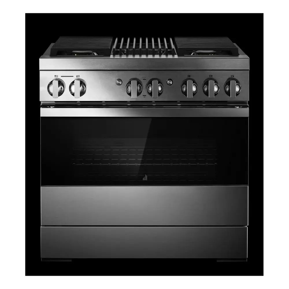 JennAir NOIR 36 inch Dual Fuel Professional Range with 5.1 cu. ft. Oven Capacity, 4 Burners, Grill, Remote Access, Glide Racks, Cast Iron Grates, Cinematic Oven Lighting, and Sabbath Mode in Stainless Steel, JDRP636HM