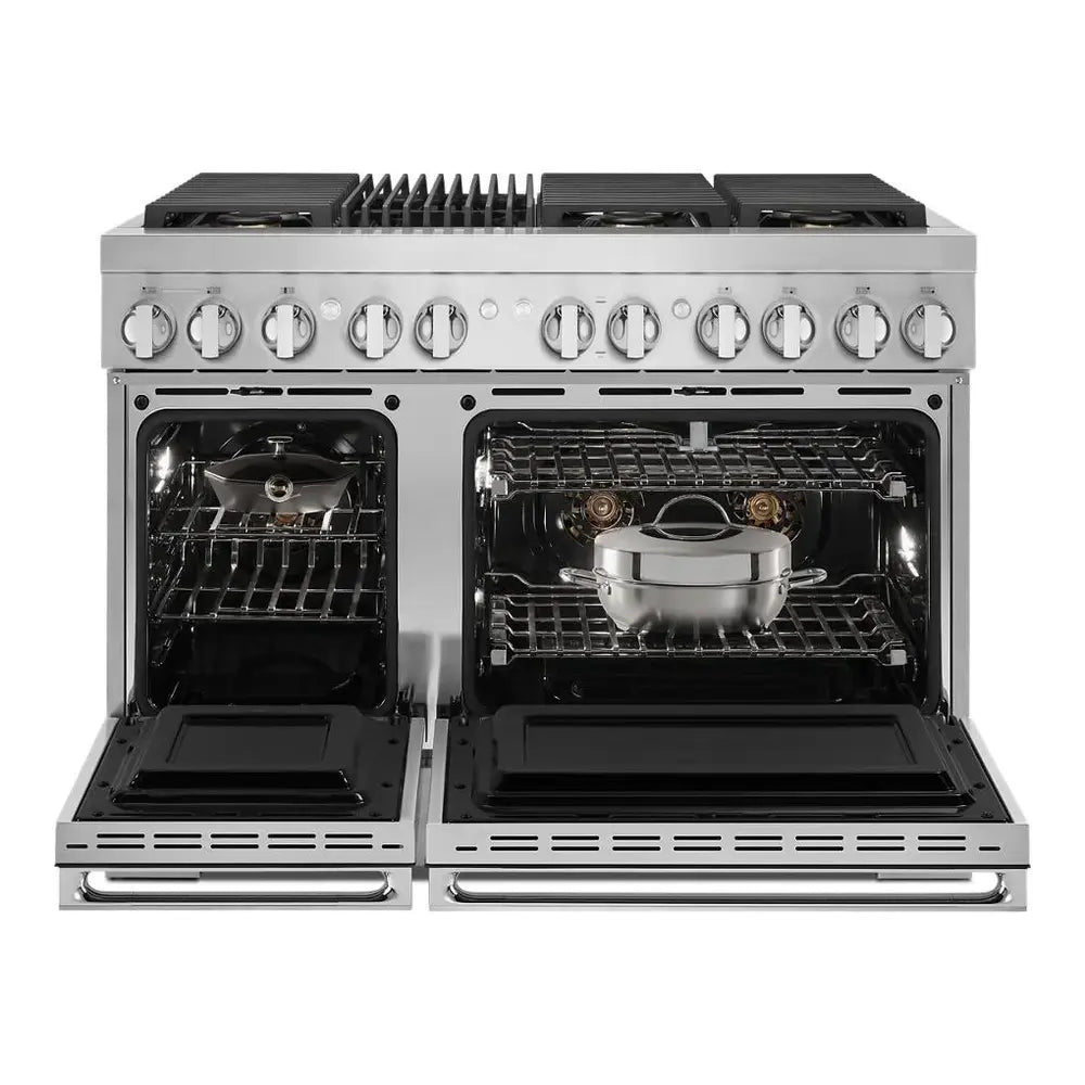 JennAir NOIR 48 inch Smart Dual Fuel Professional Range with 6.3 cu. ft. Total Capacity, 6 Burners, Grill, Dual-Fan Convection and Sabbath Mode in Stainless Steel, JDRP648HM