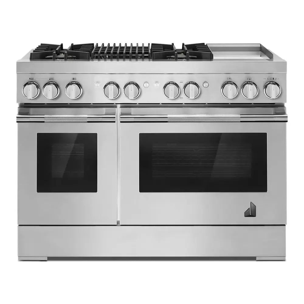 JennAir RISE 48 inch Dual Fuel Professional Range with 4 Sealed Burners, Griddle, Grill, 6.3 cu. ft. Total Oven Capacity, Dual-Fan True Convection, in Stainless Steel, JDRP748HL