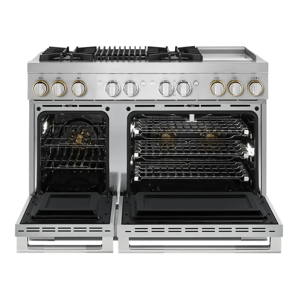 JennAir RISE 48 inch Dual Fuel Professional Range with 4 Sealed Burners, Griddle, Grill, 6.3 cu. ft. Total Oven Capacity, Dual-Fan True Convection, in Stainless Steel, JDRP748HL
