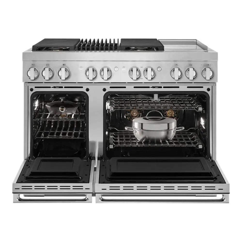 JennAir NOIR 48 inch Dual Fuel Professional Range with 4 Sealed Burners, Griddle, Grill, 6.3 cu. ft. Total Oven Capacity, Dual-Fan True Convection, in Stainless Steel, JDRP748HM