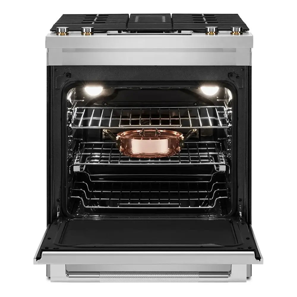 JennAir RISE 30 inch Dual Fuel Slide-In Range with Downdraft Ventilation, 4 Burners, 6.2 cu. ft. Oven Capacity with True Convection, Air Fry, AquaLift Self-Cleaning Technology, in Stainless Steel, JDS1750ML
