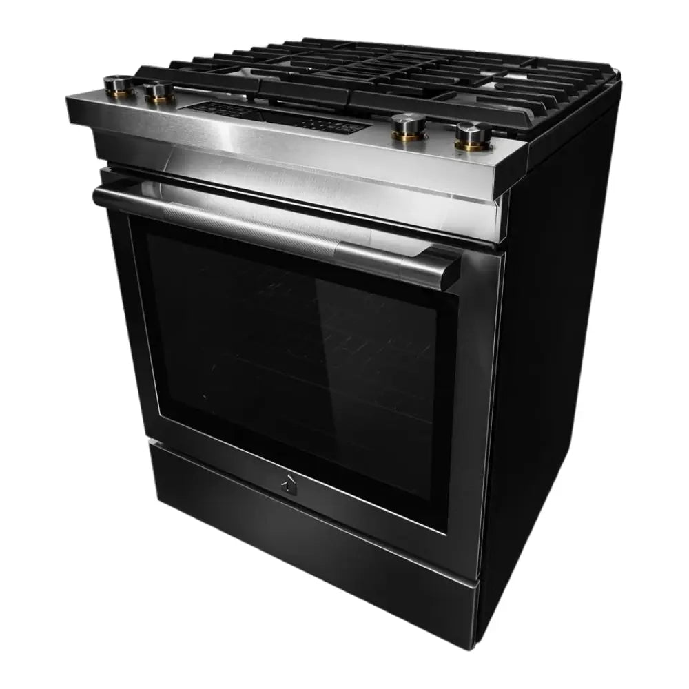 JennAir RISE 30 inch Dual Fuel Slide-In Range with Downdraft Ventilation, 4 Burners, 6.2 cu. ft. Oven Capacity with True Convection, Air Fry, AquaLift Self-Cleaning Technology, in Stainless Steel, JDS1750ML