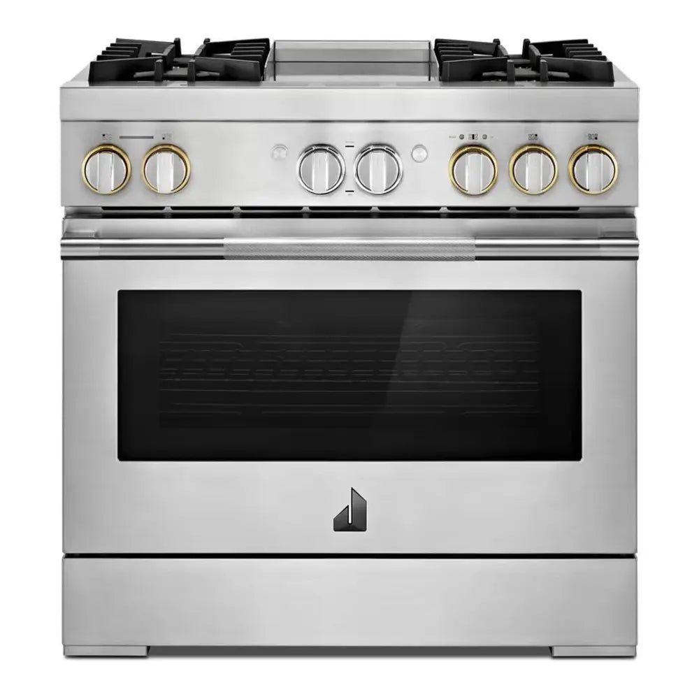 JennAir RISE 36 inch Dual-Fuel Professional Range with 5.1 cu. ft. Oven Capacity, 4 Burners and Griddle, Remote Access, Cinematic Oven Lights, and Sabbath Mode in Stainless Steel, JDSP536HL