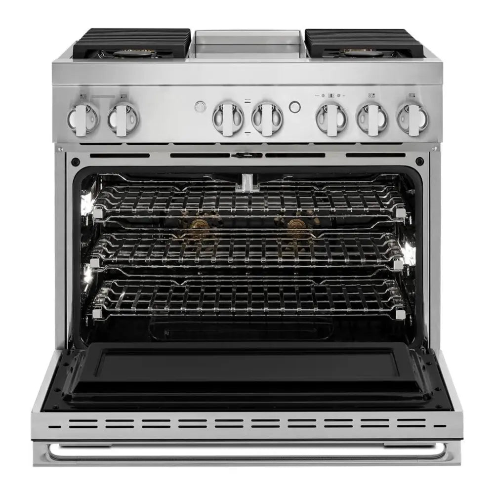JennAir NOIR 36 inch Dual-Fuel Professional Range with 5.1 cu. ft. Oven Capacity, 4 Burners and Griddle, Remote Access, Cinematic Oven Lights, and Sabbath Mode in Stainless Steel, JDSP536HM