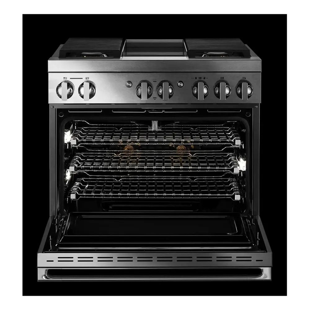 JennAir NOIR 36 inch Dual-Fuel Professional Range with 5.1 cu. ft. Oven Capacity, 4 Burners and Griddle, Remote Access, Cinematic Oven Lights, and Sabbath Mode in Stainless Steel, JDSP536HM