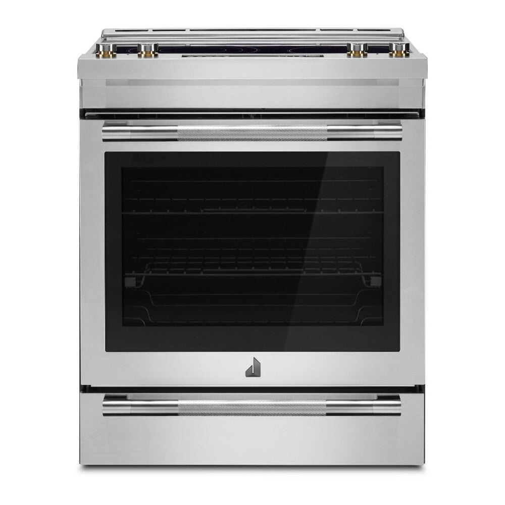 JennAir RISE 30 inch Electric Slide-In Range with 5 Elements, 6.8 cu. ft. Oven Capacity, Die-Cast Metal Knobs, Baking Drawer, Air Fry, AquaLift Self-Cleaning Technology, in Stainless Steel, JES1450ML