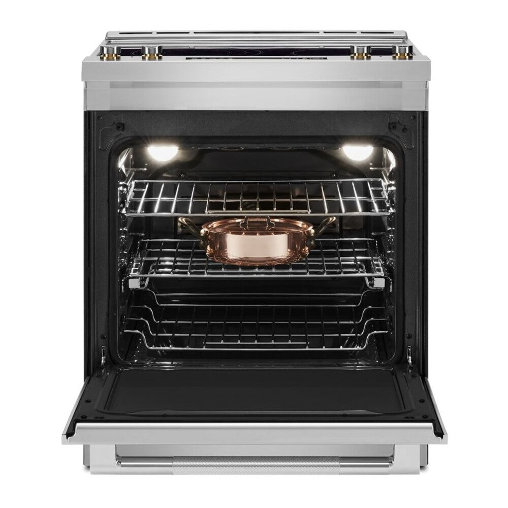 JennAir RISE 30 inch Electric Slide-In Range with 5 Elements, 6.8 cu. ft. Oven Capacity, Die-Cast Metal Knobs, Baking Drawer, Air Fry, AquaLift Self-Cleaning Technology, in Stainless Steel, JES1450ML