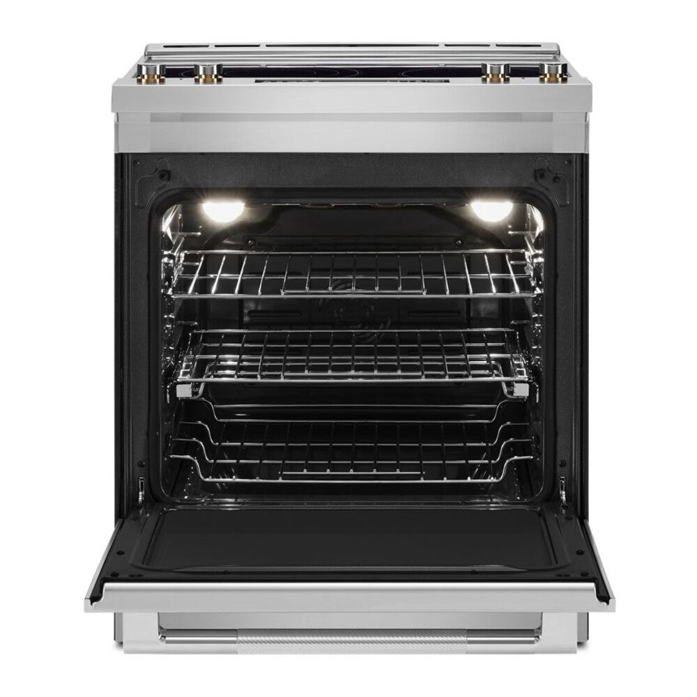 JennAir RISE 30 inch Electric Slide-In Range with 5 Elements, 6.8 cu. ft. Oven Capacity, Die-Cast Metal Knobs, Baking Drawer, Air Fry, AquaLift Self-Cleaning Technology, in Stainless Steel, JES1450ML