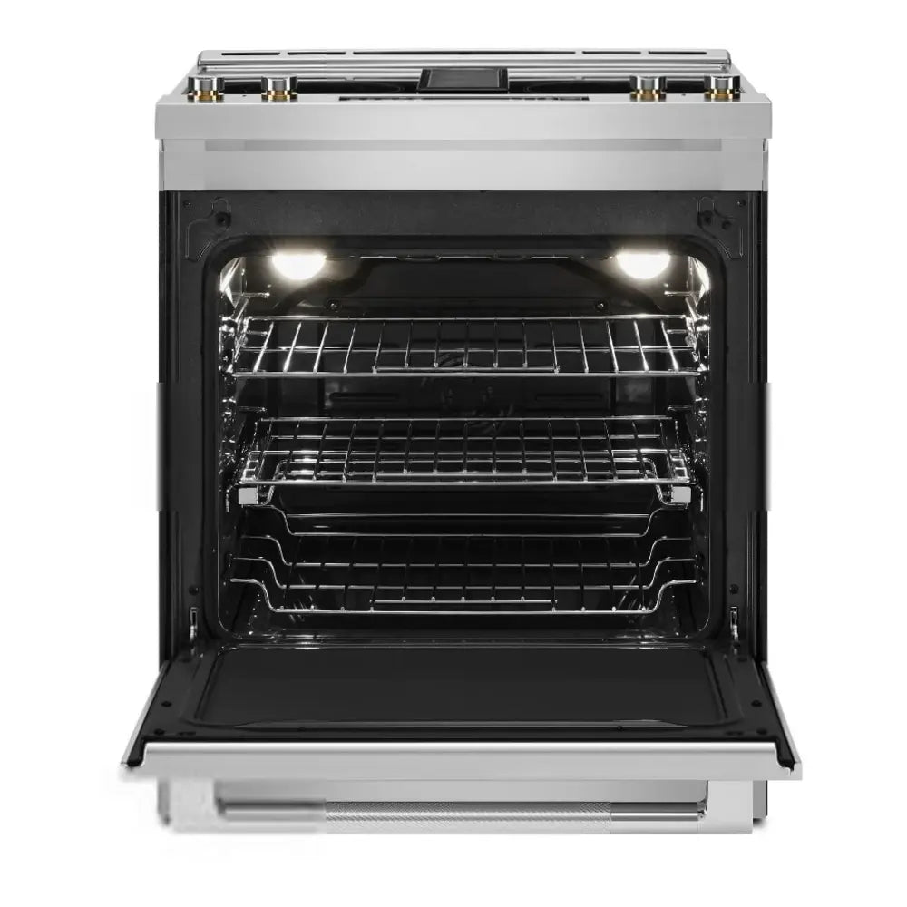 JennAir RISE 30 inch Slide-In Electric Range with Downdraft Ventilation, 4 Elements, 6.2 cu. ft. Oven Capacity with True Convection, Air Fry, AquaLift Self-Cleaning Technology, in Stainless Steel JES1750ML