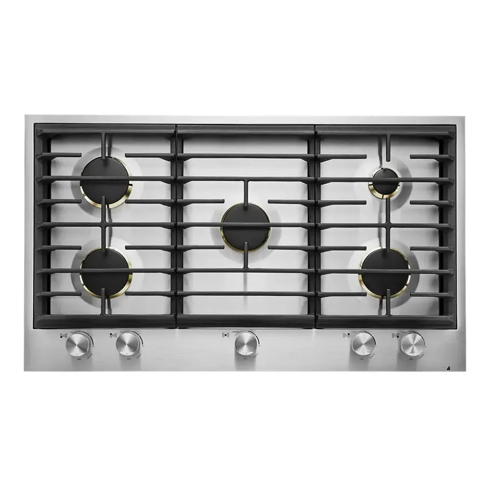 JennAir 36 inch Gas Cooktop with 5 Burners, 20000 BTU Dual Stacked PowerBurner, Flame-Sensing Re-ignition, and White LED Burner Indicator in Stainless Steel, JGC3536GS