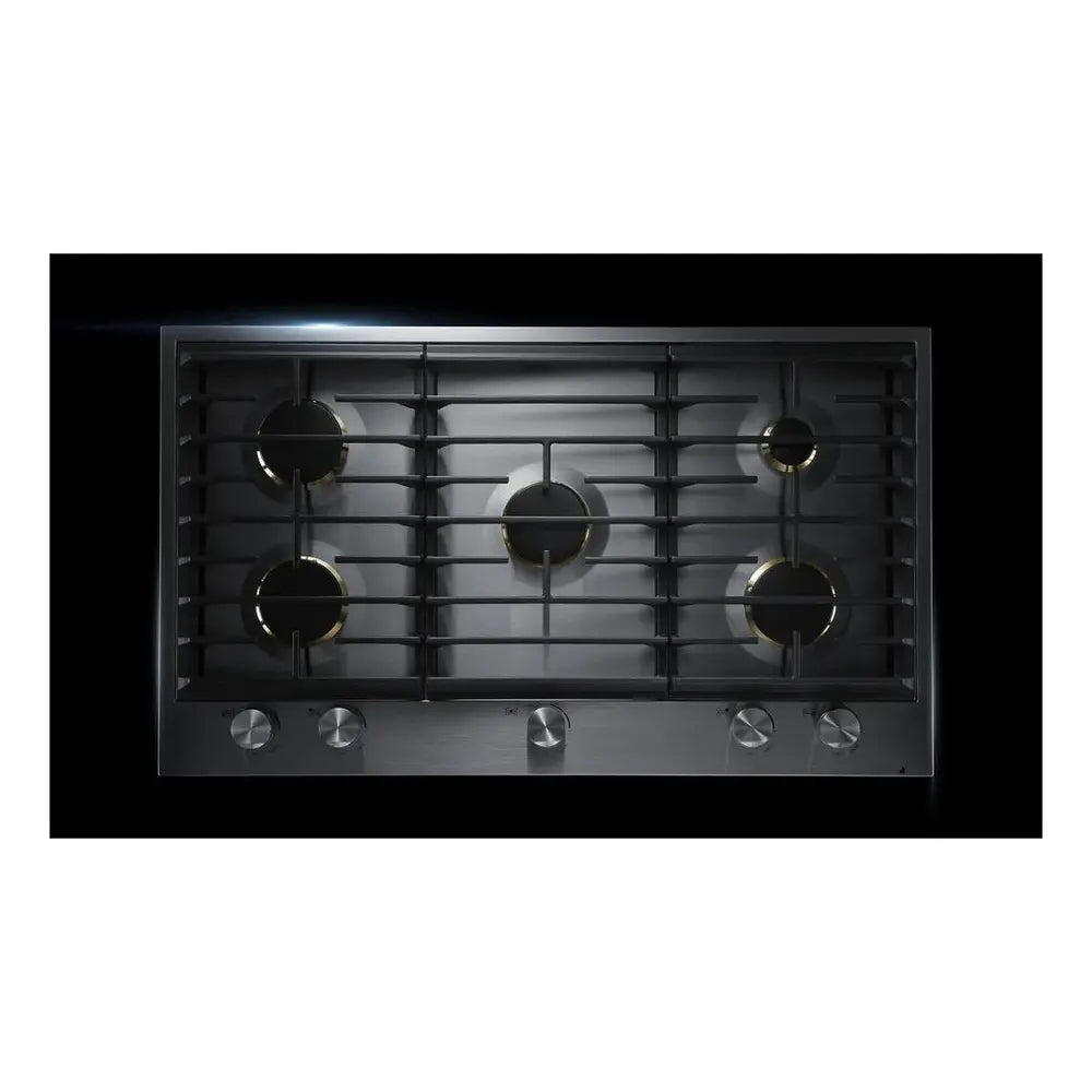 JennAir 36 inch Gas Cooktop with 5 Burners, 20000 BTU Dual Stacked PowerBurner, Flame-Sensing Re-ignition, and White LED Burner Indicator in Stainless Steel, JGC3536GS
