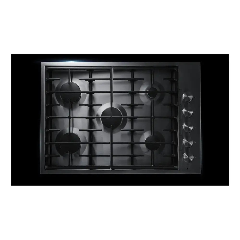JennAir 30 inch Euro-Style Gas Cooktop with 5 Sealed Burners, 18000 BTU Brass PowerBurner, Simmer Burner, and Infinite Burner Control Settings in Stainless Steel, JGC7530BS