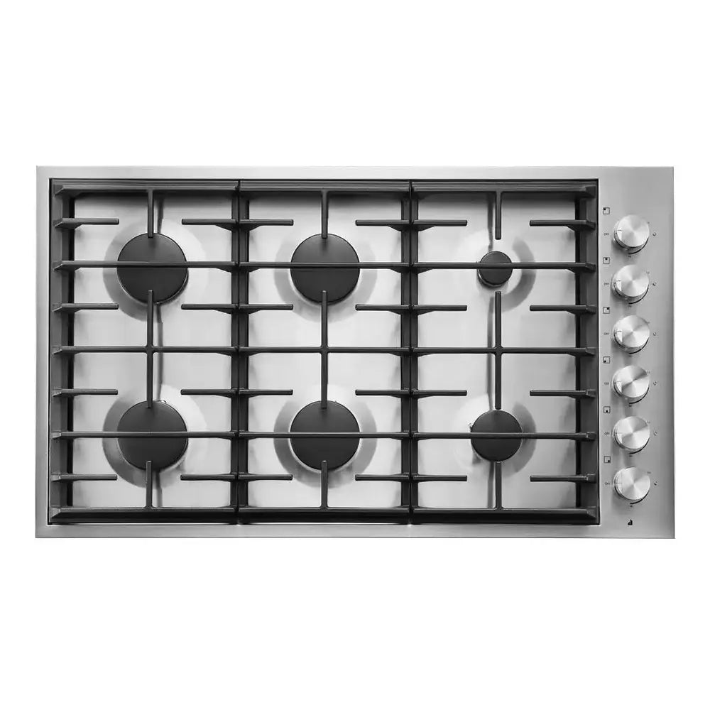 JennAir 36 inch Gas Cooktop with 6 Sealed Burners, 18,000 BTU Brass PowerBurner, and 6,000 BTU Brass Simmer Burner in Stainless Steel, JGC7636BS