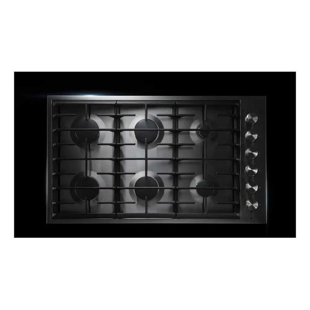 JennAir 36 inch Gas Cooktop with 6 Sealed Burners, 18,000 BTU Brass PowerBurner, and 6,000 BTU Brass Simmer Burner in Stainless Steel, JGC7636BS