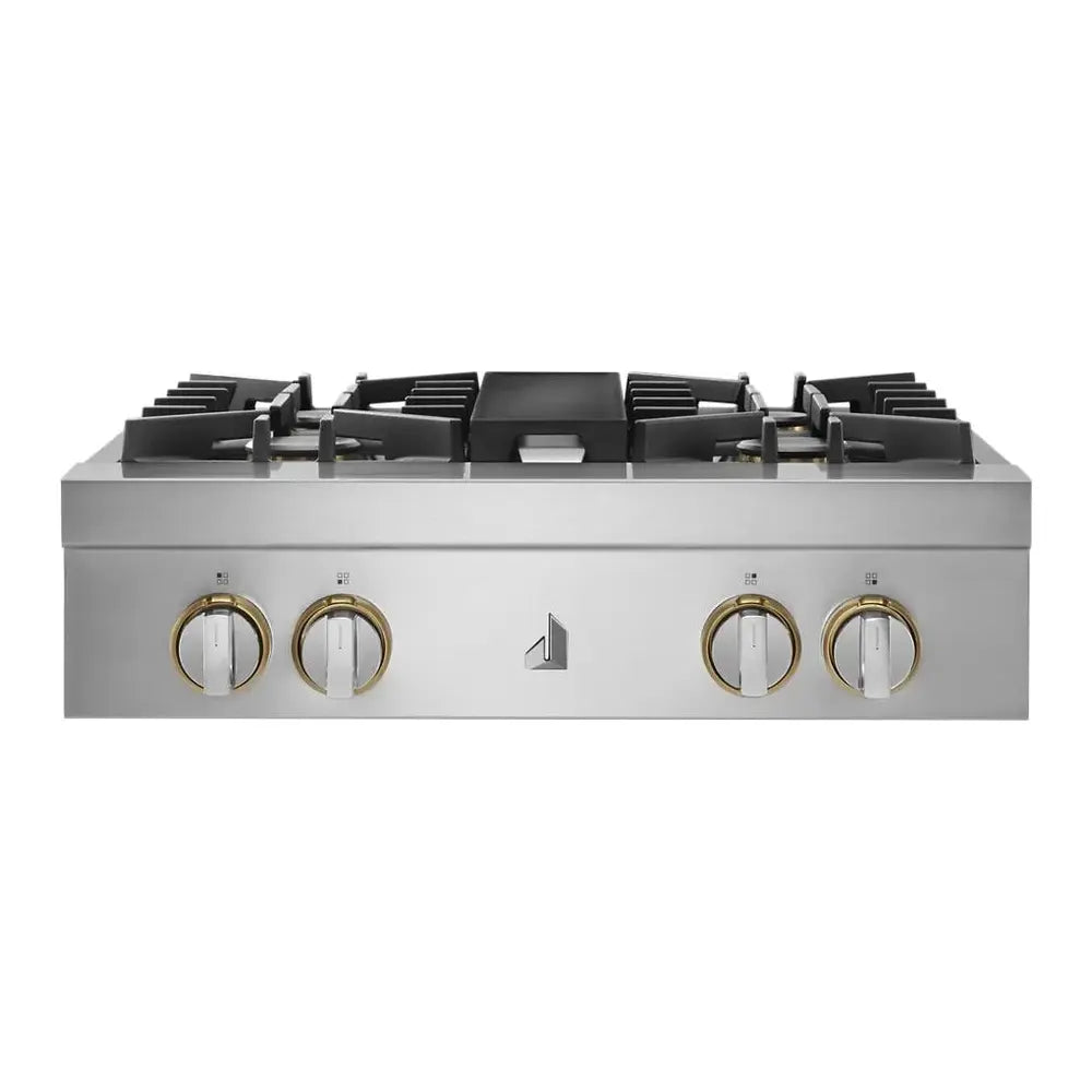 JennAir RISE 30 inch Gas Rangetop with 4 Sealed Burners, Cast Iron Grates, Halo-Effect Knobs, Electronic Ignition with Flame-Sensing Reignition, in Stainless Steel, JGCP430HL