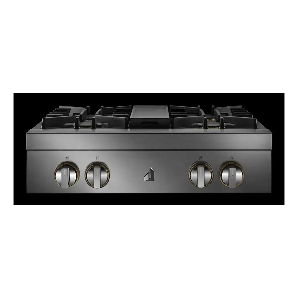 JennAir RISE 30 inch Gas Rangetop with 4 Sealed Burners, Cast Iron Grates, Halo-Effect Knobs, Electronic Ignition with Flame-Sensing Reignition, in Stainless Steel, JGCP430HL