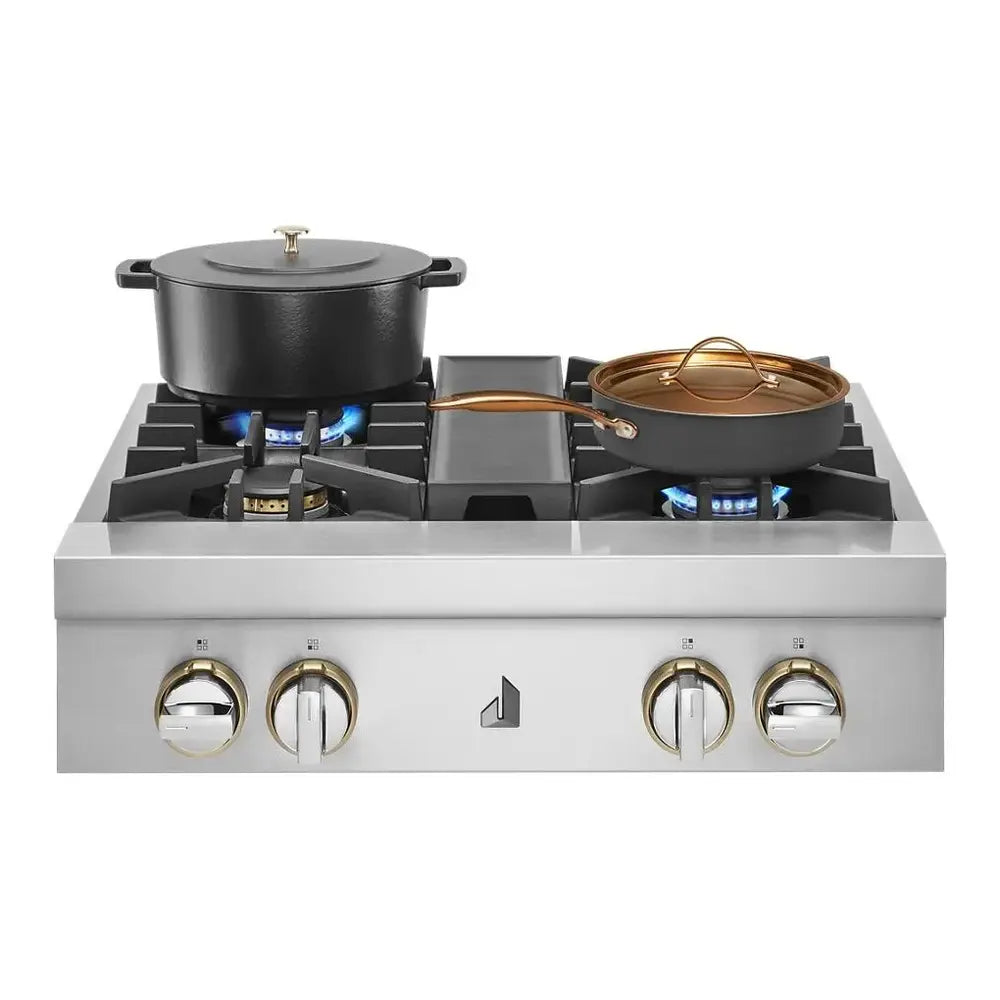 JennAir RISE 30 inch Gas Rangetop with 4 Sealed Burners, Cast Iron Grates, Halo-Effect Knobs, Electronic Ignition with Flame-Sensing Reignition, in Stainless Steel, JGCP430HL