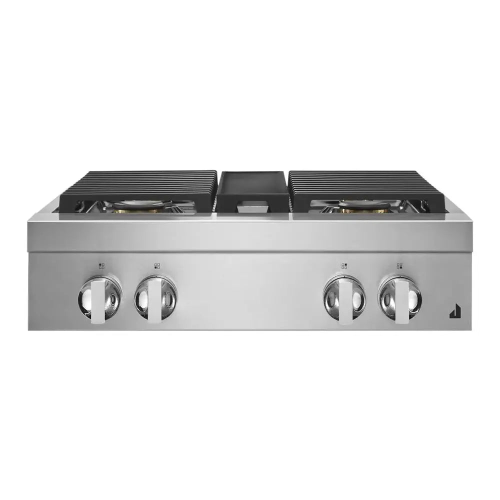 JennAir NOIR 30 inch Gas Rangetop with 4 Sealed Burners, Cast Iron Grates, Halo-Effect Knobs, Electronic Ignition with Flame-Sensing Reignition, in Stainless Steel, JGCP430HM
