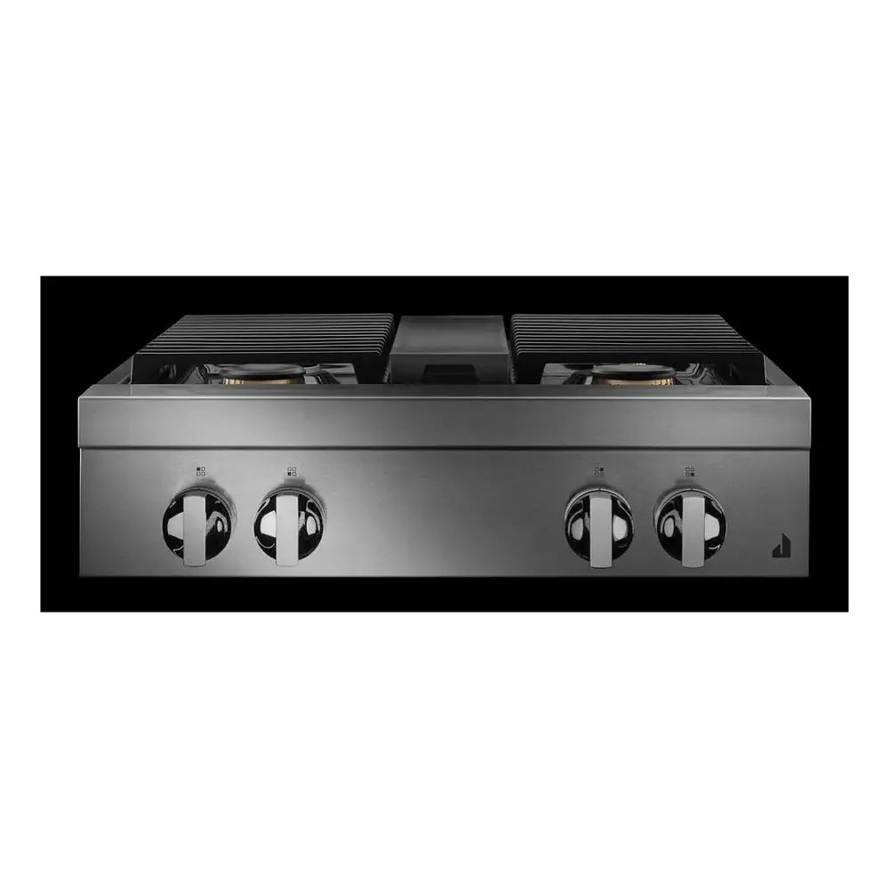 JennAir NOIR 30 inch Gas Rangetop with 4 Sealed Burners, Cast Iron Grates, Halo-Effect Knobs, Electronic Ignition with Flame-Sensing Reignition, in Stainless Steel, JGCP430HM