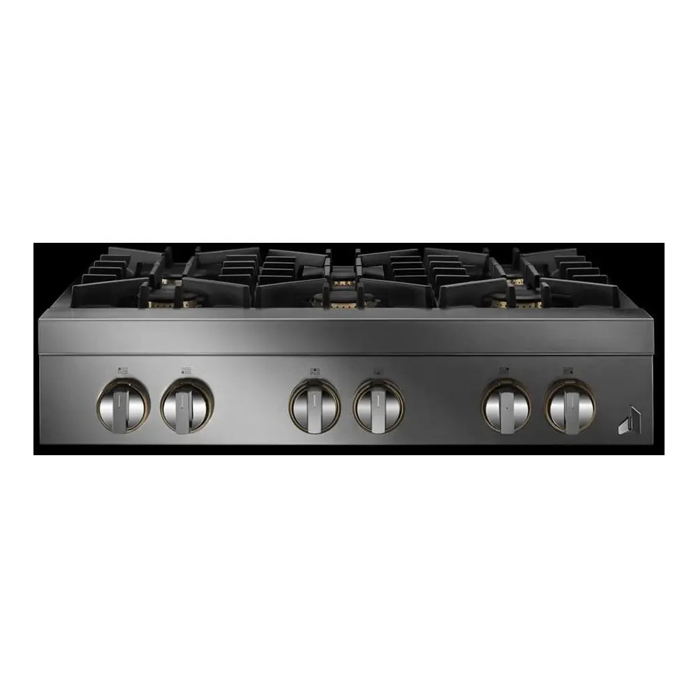 JennAir RISE 36 inch Gas Rangetop with 6 Sealed Burners, Halo Effect Knobs, Electronic Ignition with Flame Sensing Reignition, in Stainless Steel, JGCP436HL