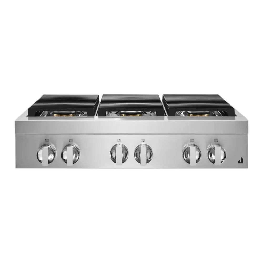 JennAir NOIR 36 inch Gas Rangetop with 6 Sealed Burners, Halo Effect Knobs, Electronic Ignition with Flame Sensing Reignition, in Stainless Steel, JGCP436HM