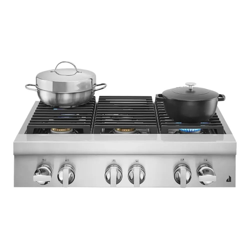 JennAir NOIR 36 inch Gas Rangetop with 6 Sealed Burners, Halo Effect Knobs, Electronic Ignition with Flame Sensing Reignition, in Stainless Steel, JGCP436HM