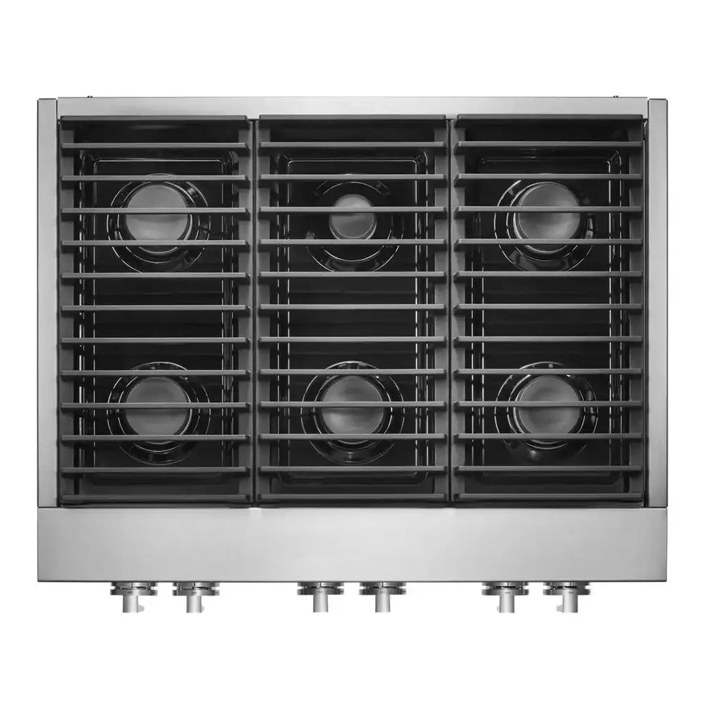 JennAir NOIR 36 inch Gas Rangetop with 6 Sealed Burners, Halo Effect Knobs, Electronic Ignition with Flame Sensing Reignition, in Stainless Steel, JGCP436HM