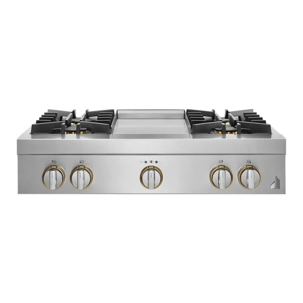 JennAir RISE 36 inch Gas Rangetop with 4 Sealed Brass Burners, Electronic Ignition Flame-Sensing Reignition, Chrome Infused Griddle in Stainless Steel, JGCP536HL