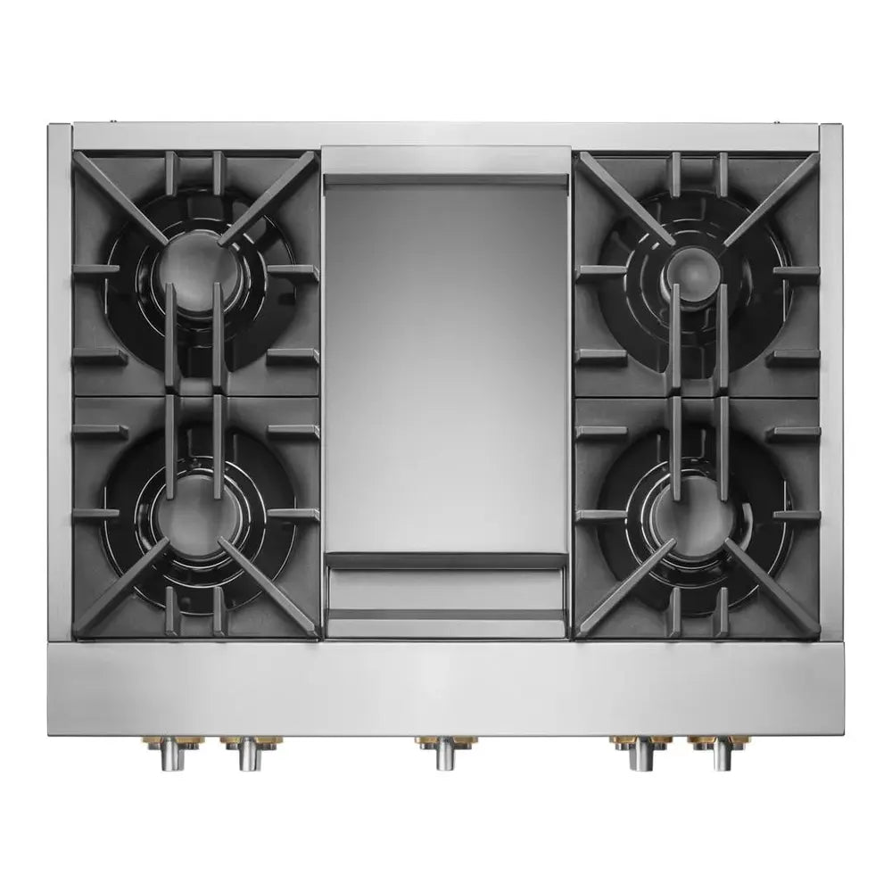 JennAir RISE 36 inch Gas Rangetop with 4 Sealed Brass Burners, Electronic Ignition Flame-Sensing Reignition, Chrome Infused Griddle in Stainless Steel, JGCP536HL