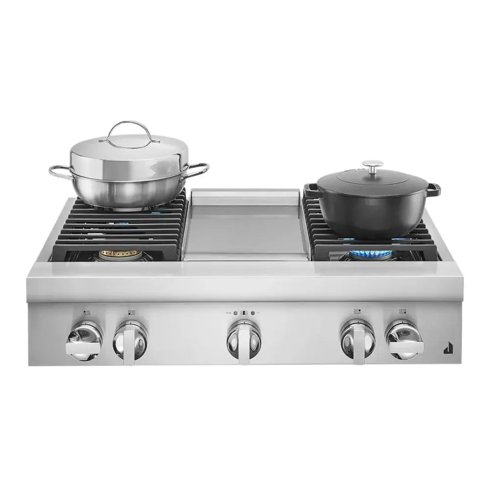 JennAir NOIR 36 inch Gas Rangetop with 4 Sealed Brass Burners, Electronic Ignition Flame-Sensing Reignition, Chrome Infused Griddle in Stainless Steel, JGCP536HM