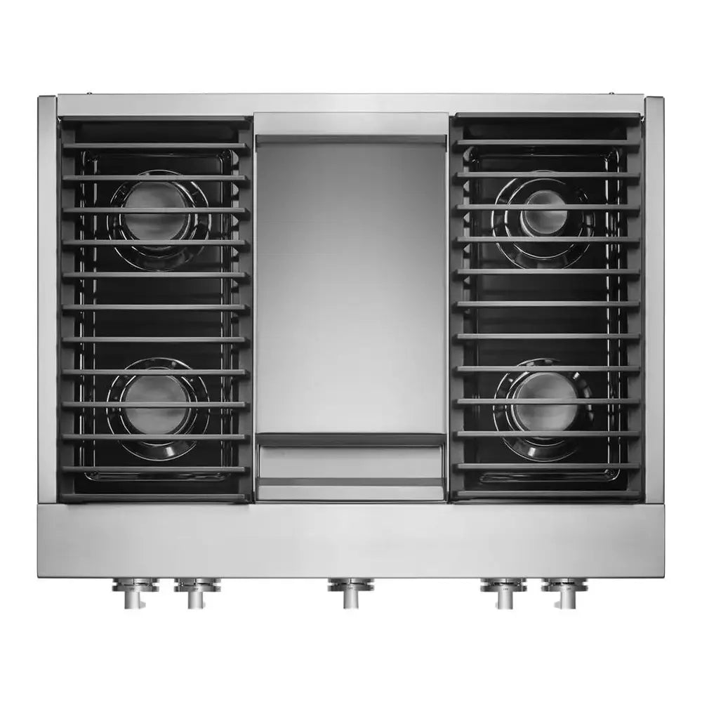 JennAir NOIR 36 inch Gas Rangetop with 4 Sealed Brass Burners, Electronic Ignition Flame-Sensing Reignition, Chrome Infused Griddle in Stainless Steel, JGCP536HM