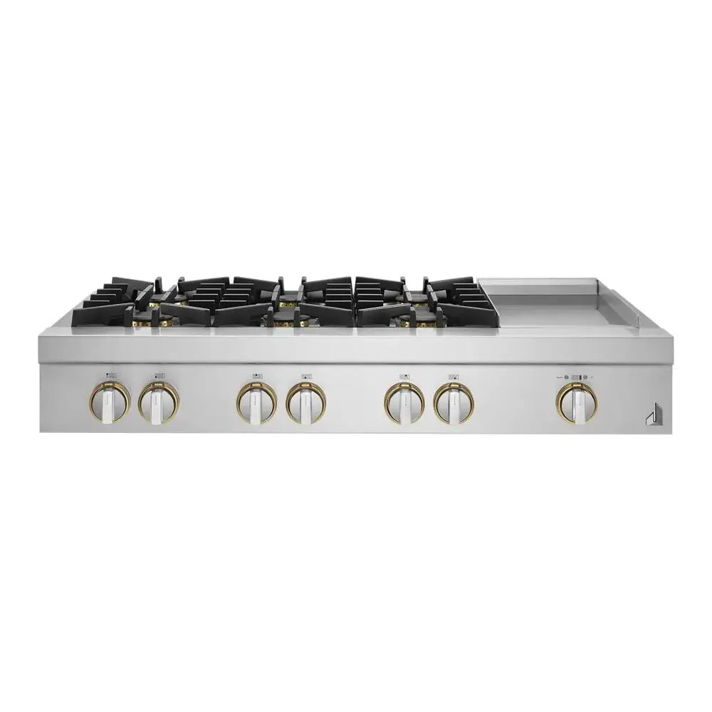 JennAir RISE 48 inch Gas Rangetop with 6 Sealed Burners, Cast Iron Grates, Electronic Ignition with Flame-Sensing Reignition and Chrome Infused Griddle in Stainless Steel, JGCP548HL