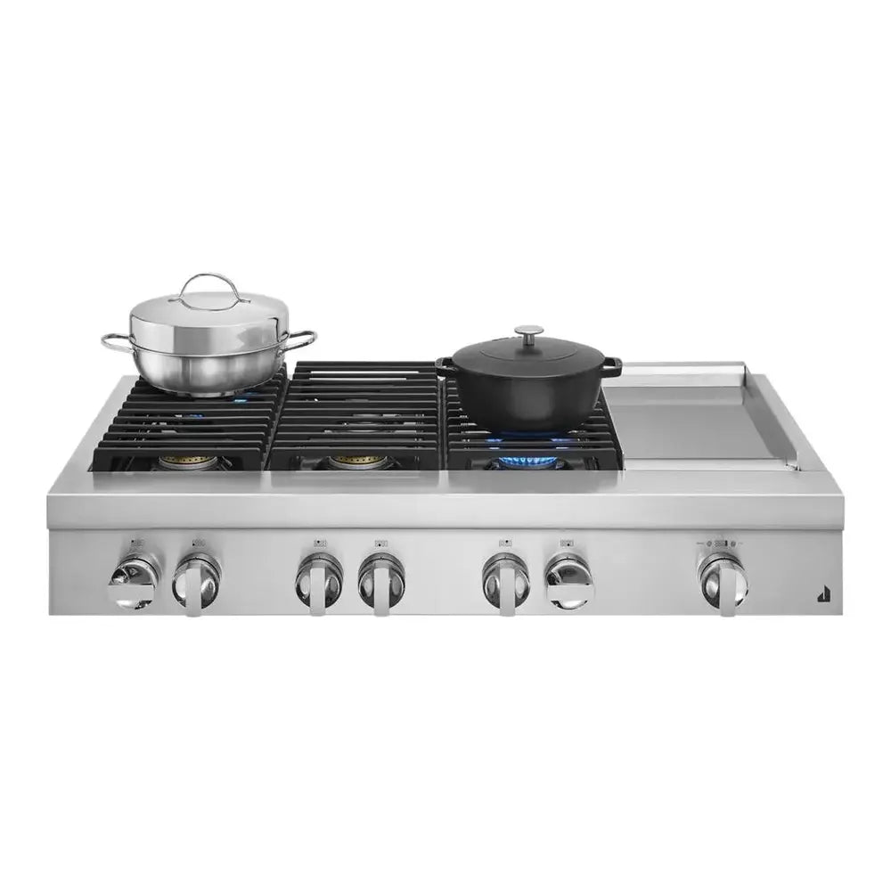 JennAir NOIR 48 inch Gas Rangetop with 6 Sealed Burners, Cast Iron Grates, Electronic Ignition with Flame-Sensing Reignition and Chrome Infused Griddle in Stainless Steel, JGCP548HM