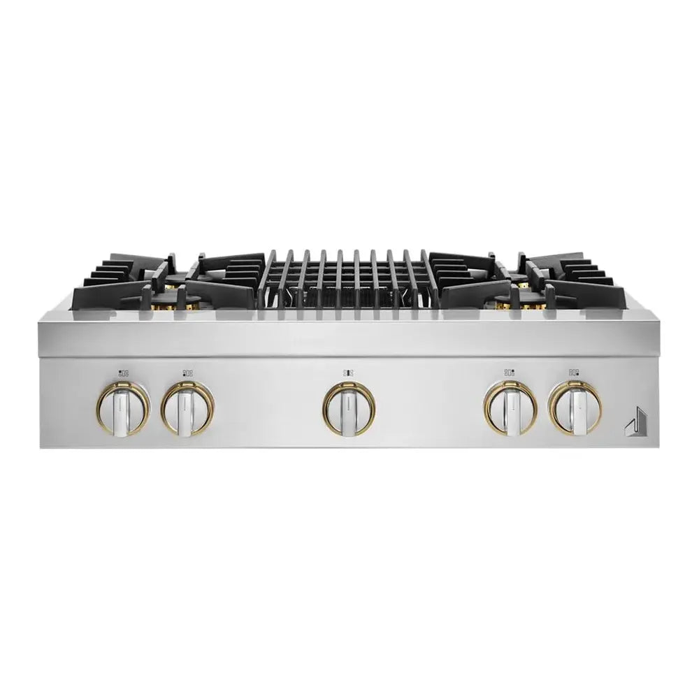 JennAir RISE 36 inch Gas Rangetop with 4 Sealed Burners, Dishwasher safe Cast Iron Grates, Electronic Ignition Flame-Sensing Reignition, Grill, in Stainless Steel, JGCP636HL