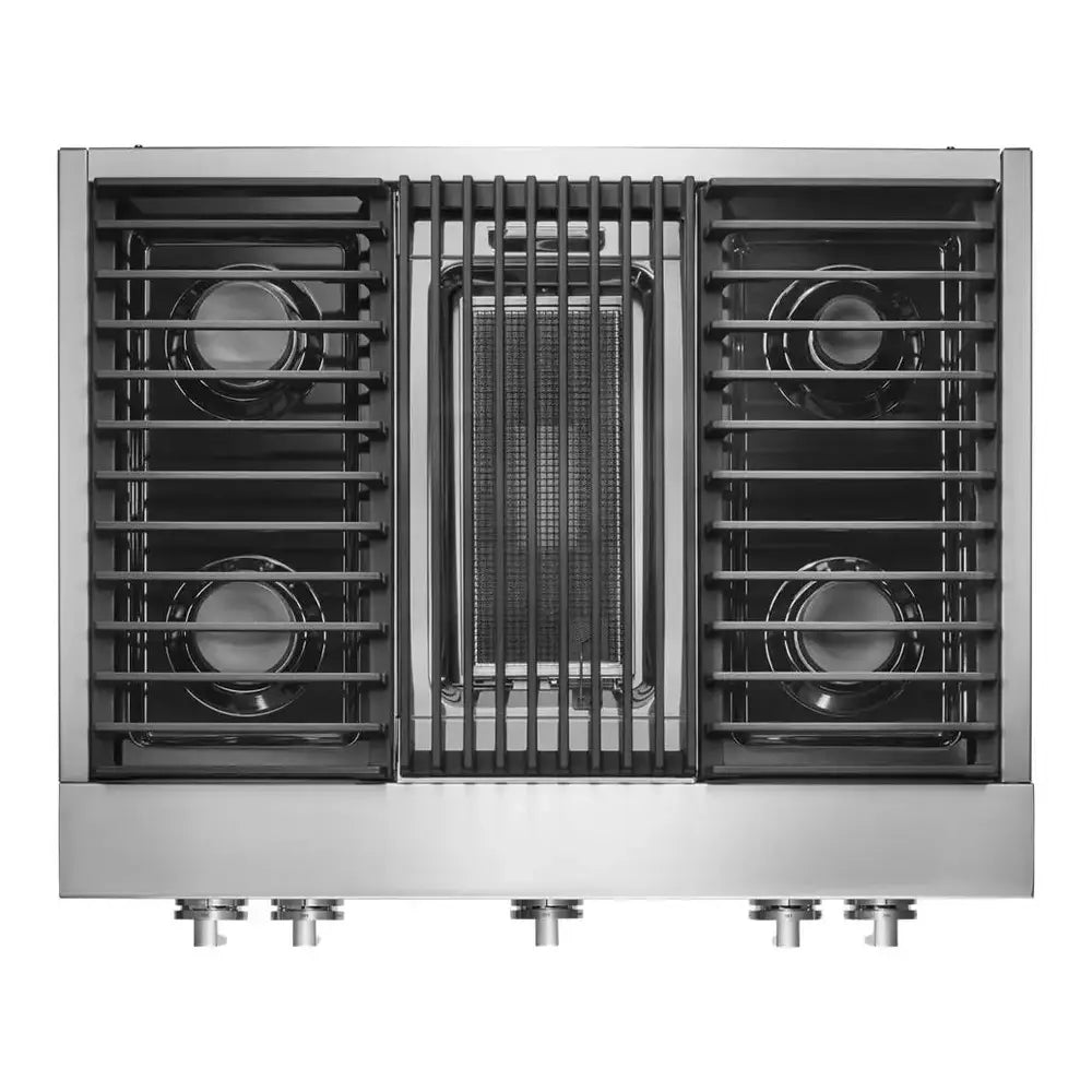 JennAir NOIR 36 inch Gas Rangetop with 4 Sealed Burners, Dishwasher safe Cast Iron Grates, Electronic Ignition Flame-Sensing Reignition, Grill, in Stainless Steel, JGCP636HM