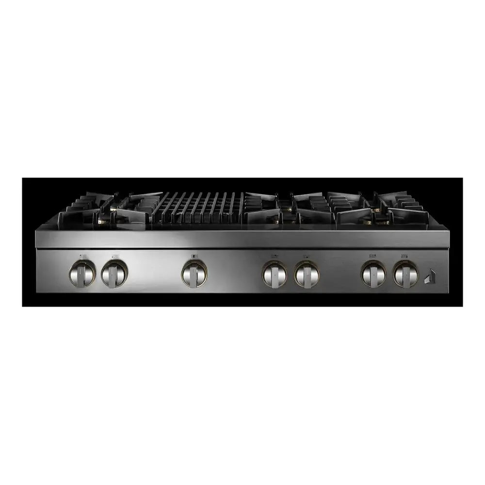 JennAir RISE 48 inch Gas Rangetop with 6 Sealed Burners, Grill, Dishwasher Safe Cast Iron Grates, Electronic Ignition Flame-Sensing Reignition in Stainless Steel, JGCP648HL