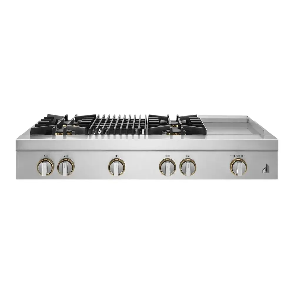 JennAir RISE 48 inch Gas Rangetop with 4 Sealed Brass Burners, Grill, Chrome-Infused Griddle, Dishwasher Safe Grates and Electronic Ignition with Flame-Sensing Reignition in Stainless Steel, JGCP748HL