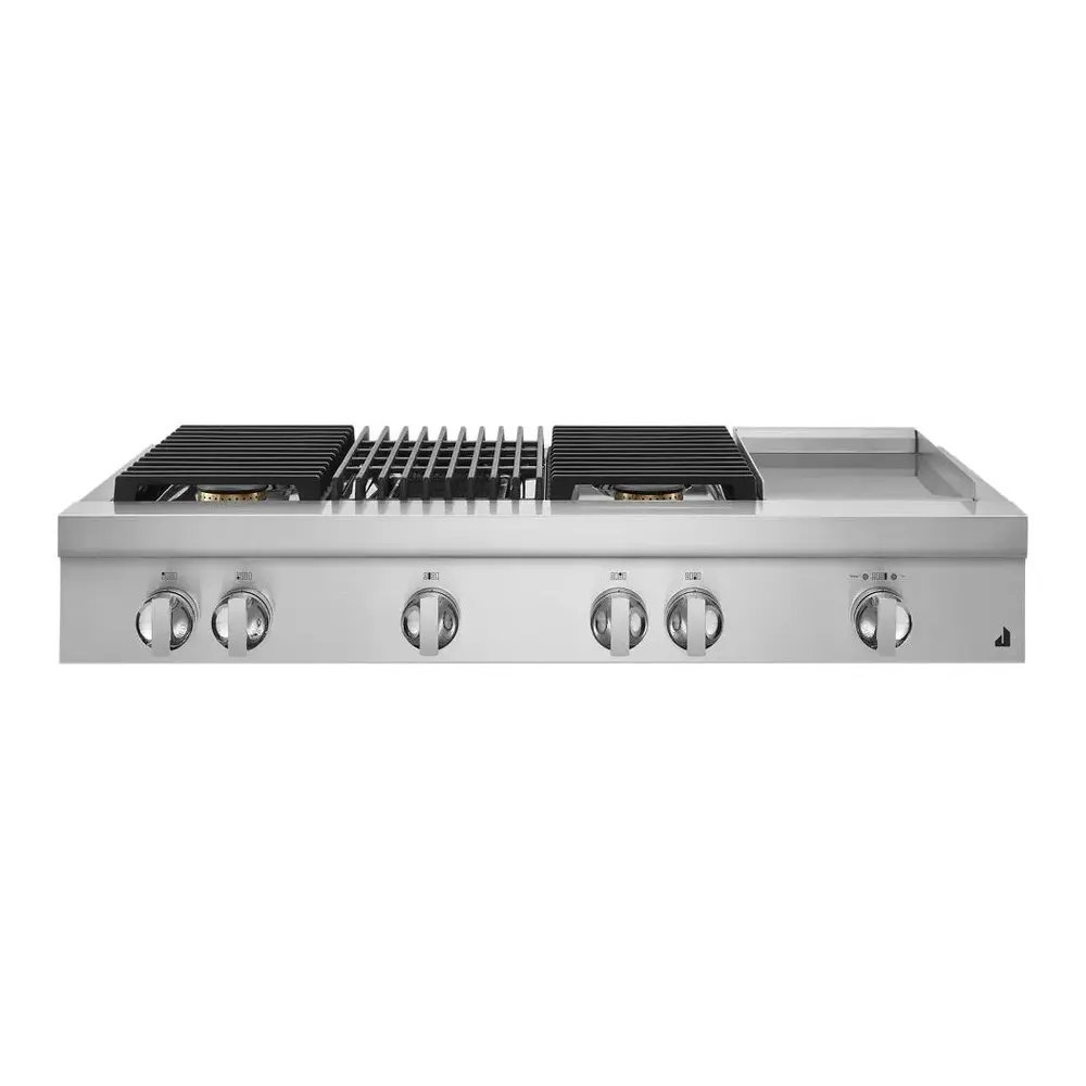 JennAir NOIR 48 inch Gas Rangetop with 4 Sealed Brass Burners, Grill, Chrome-Infused Griddle, Dishwasher Safe Grates and Electronic Ignition with Flame-Sensing Reignition in Stainless Steel, JGCP748HM