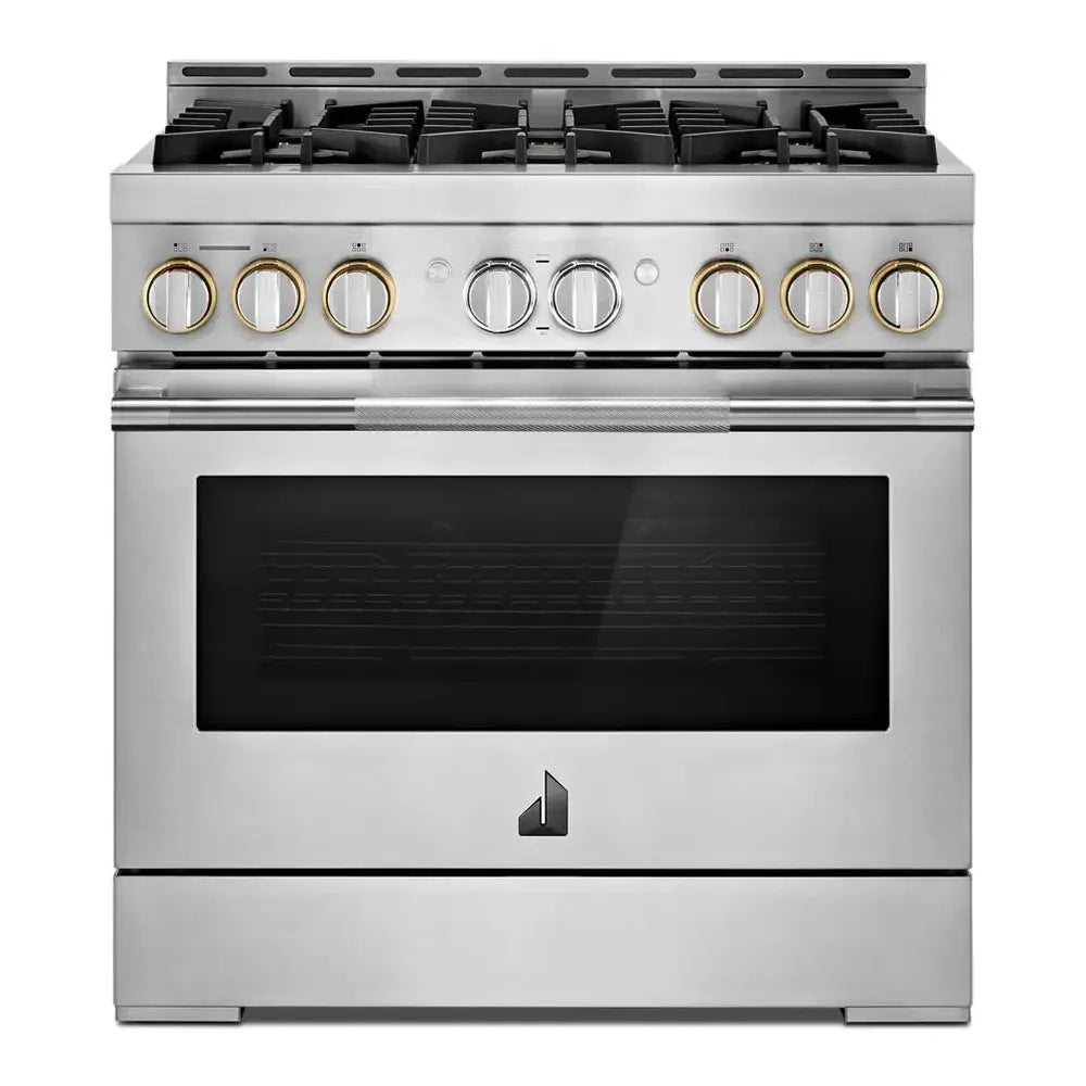 JennAir RISE 36 inch Smart Gas Range with 6 Sealed Burners, 5.1 cu. ft. Oven Capacity, Cast Iron Grates, CustomClean with Automatic Lock, in Stainless Steel, JGRP436HL